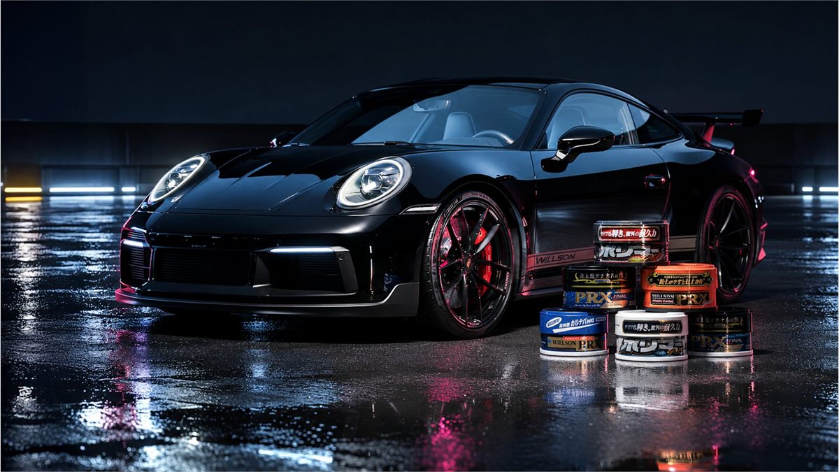 Willson Polymer Gold ve PRX wax ürünleri, siyah spor otomobilin önünde